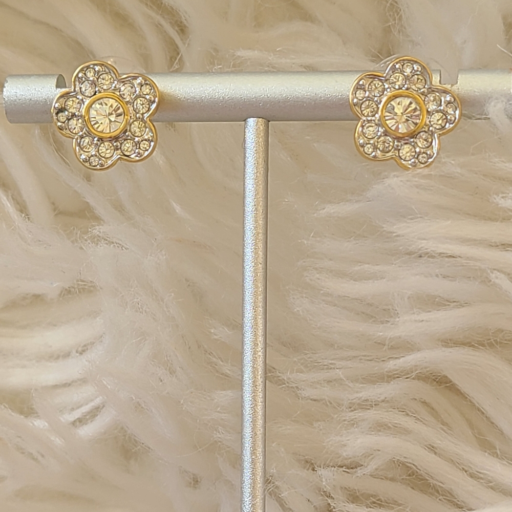 Swarovski Gold Toned Floral Earrings- Good Condition